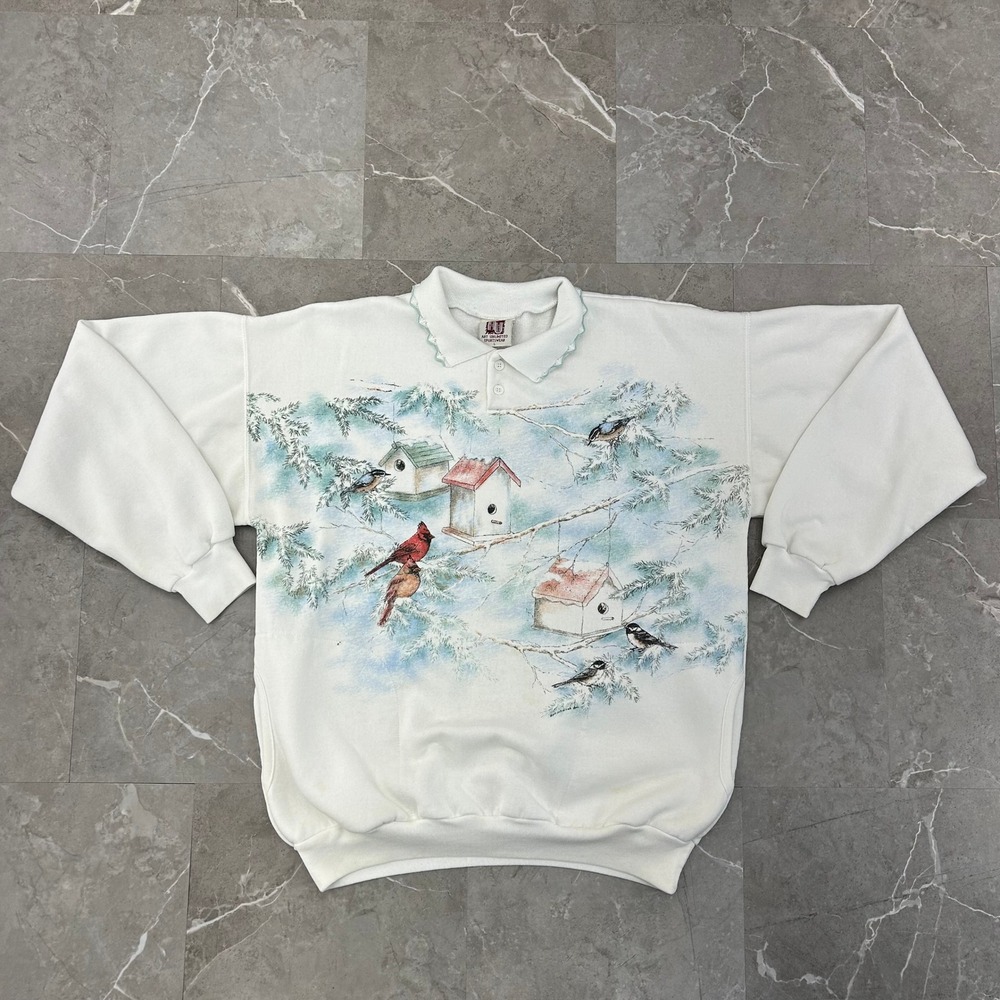 Vintage Nature Sweatshirt Womens Large Animals All Over Print Collared Pullover